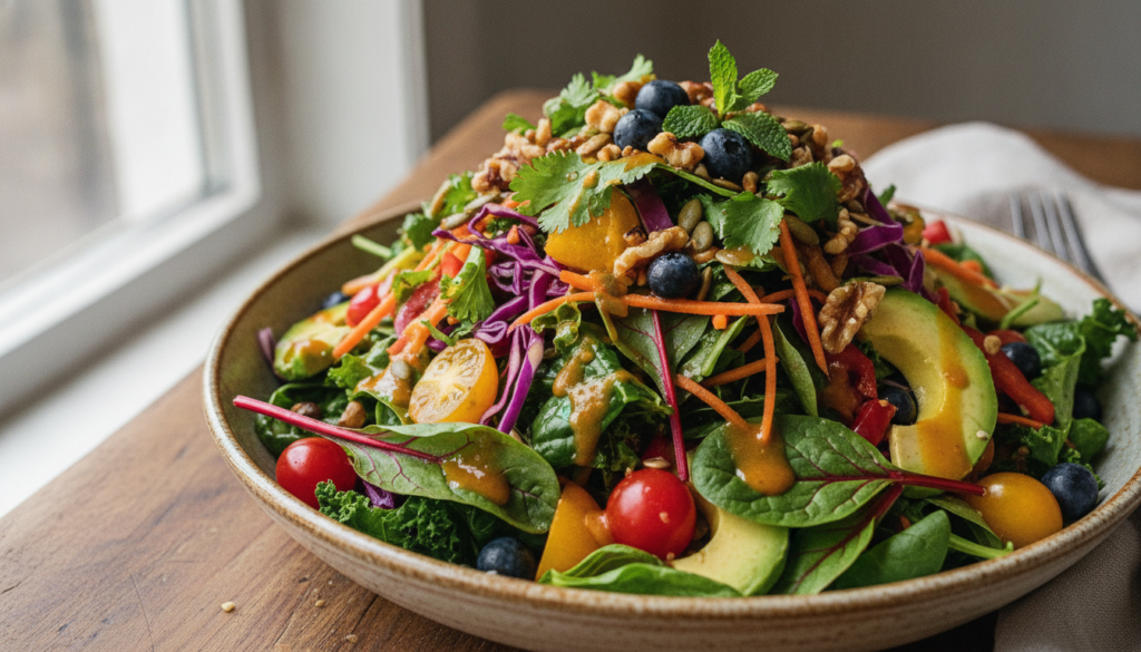 A close-up of a vibrant vegan salad with a dressing drizzled over it highlighting the freshness and appeal of plant-base