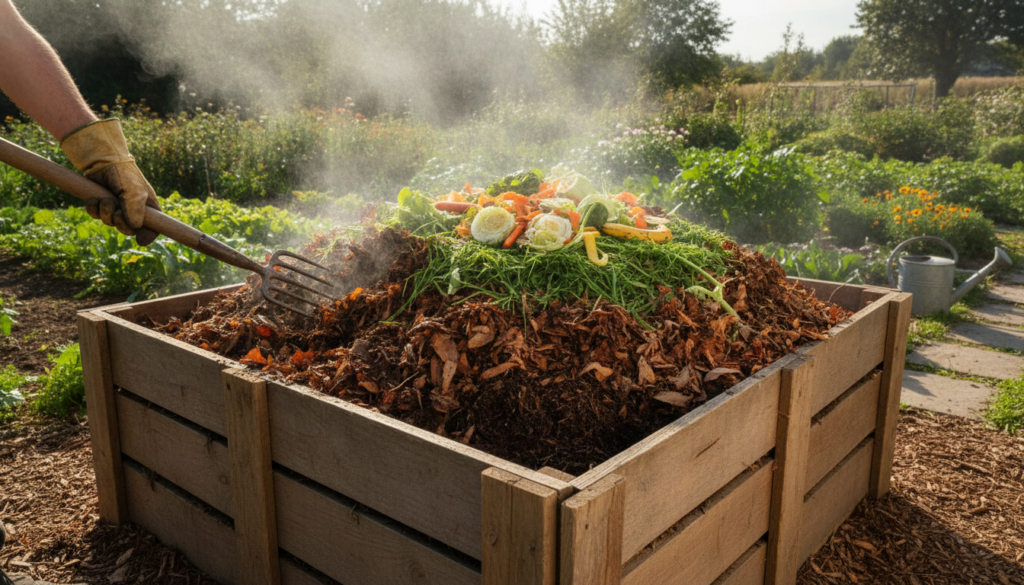 A well-maintained compost pile in a wooden bin steaming slightly with visible layers of brown leaves green grass and kit