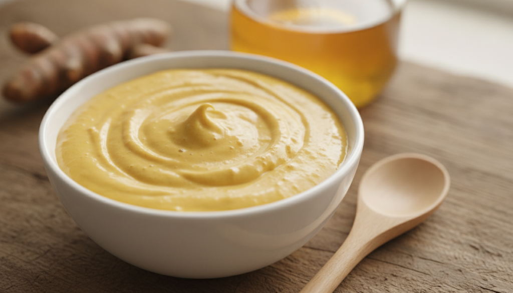 A close-up shot of a creamy golden-yellow face mask in a small white ceramic bowl with a wooden spoon beside it on a nat