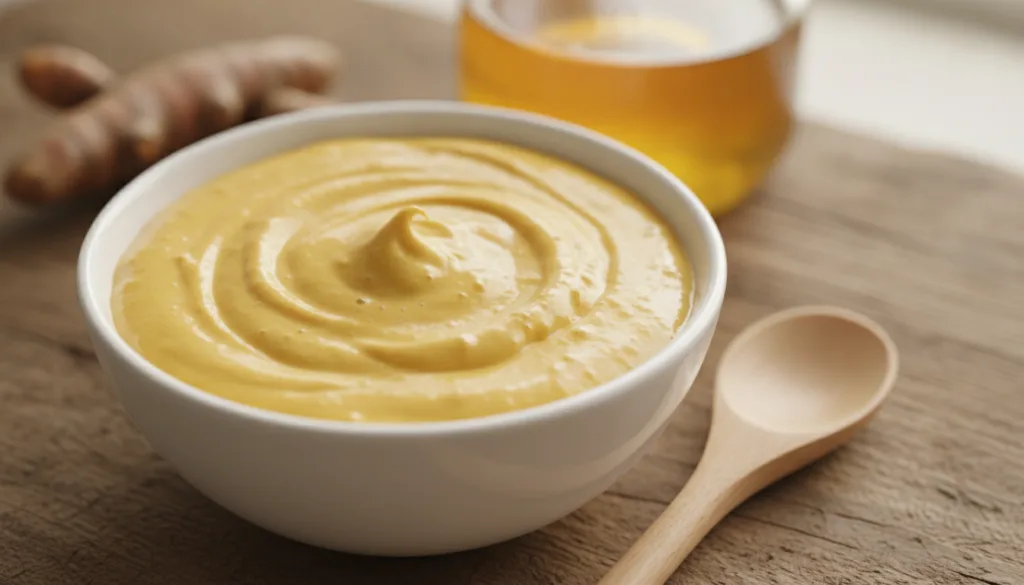 A close-up shot of a creamy golden-yellow face mask in a small white ceramic bowl with a wooden spoon beside it on a nat