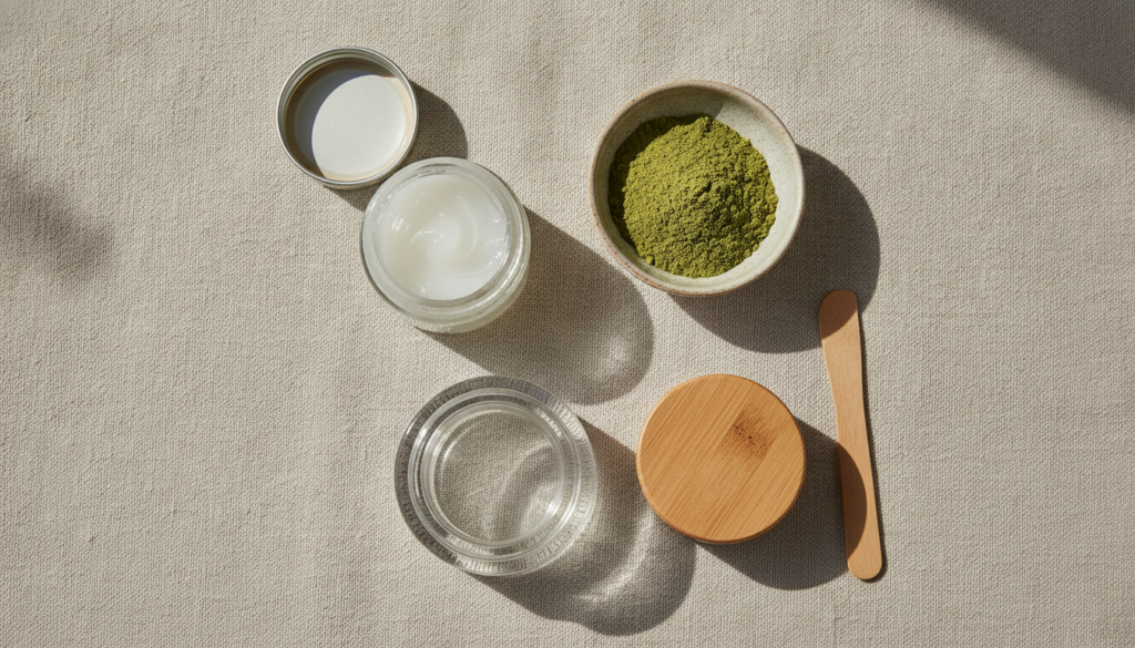 All the ingredients laid out for the moringa and Vaseline beauty balm a small jar of Vaseline a small bowl with moringa 