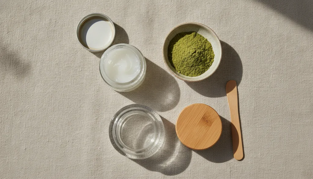 All the ingredients laid out for the moringa and Vaseline beauty balm a small jar of Vaseline a small bowl with moringa