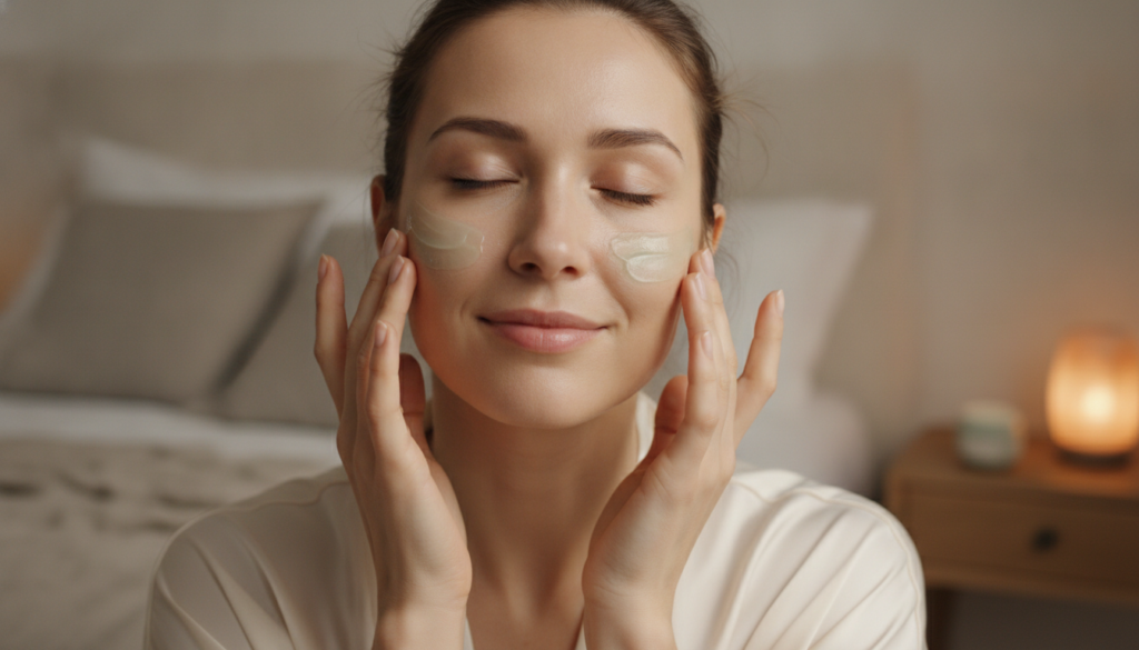 A woman gently massaging a thin layer of a green-tinted balm onto her clean face at night with a soft glowing complexion