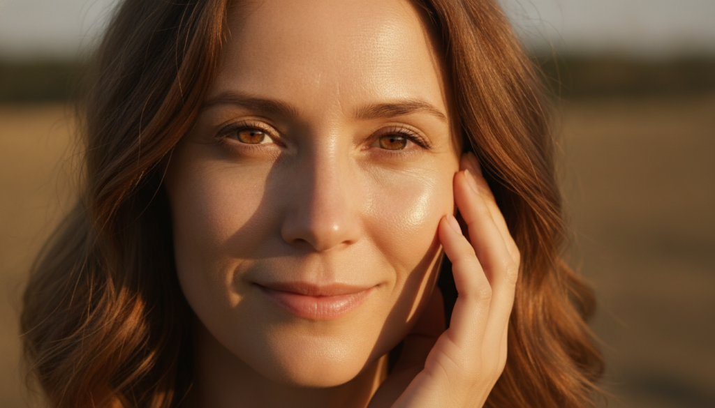 A woman with radiant clear and youthful-looking skin perhaps touching her face gently