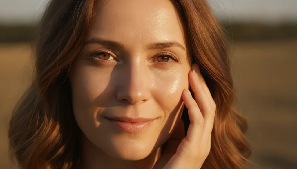 A woman with radiant clear and youthful-looking skin perhaps touching her face gently