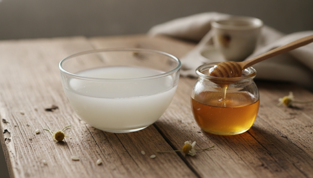 A bowl of cloudy rice water next to a jar of golden honey with a small mixing spoon set on a rustic wooden table