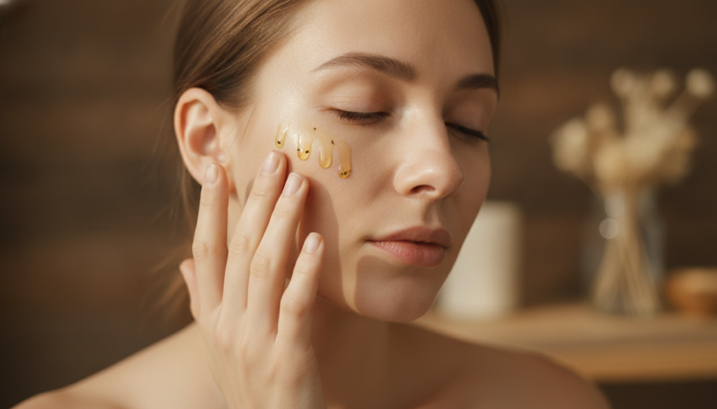 A person gently massaging the homemade clove and baby oil infusion onto their face demonstrating a self-care beauty rout
