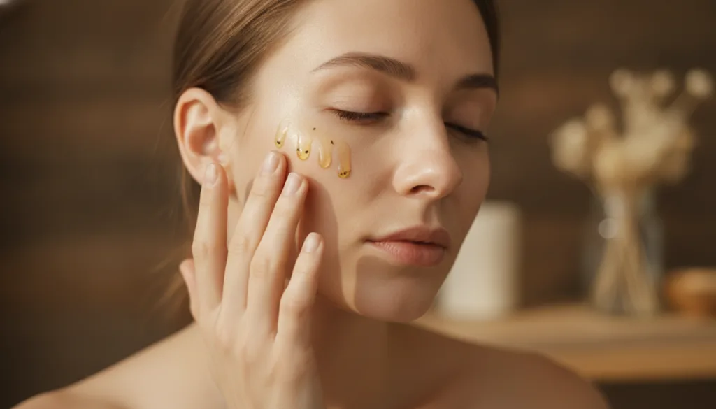 A person gently massaging the homemade clove and baby oil infusion onto their face demonstrating a self-care beauty rout