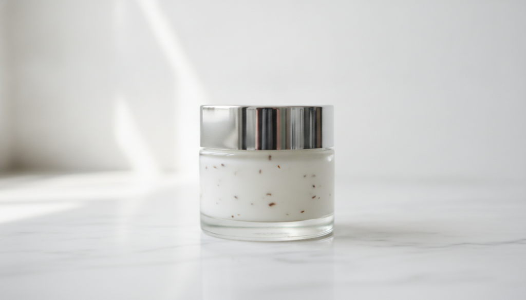 A small clear glass jar filled with a translucent milky white rice and clove gel resting on a clean light-colored surfac