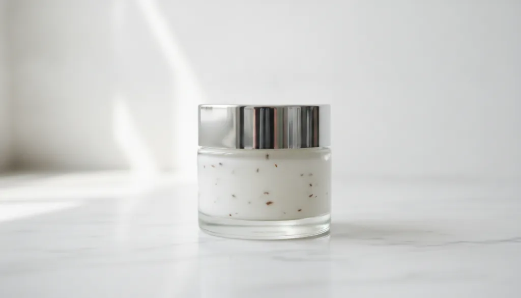 A small clear glass jar filled with a translucent milky white rice and clove gel resting on a clean light-colored surfac