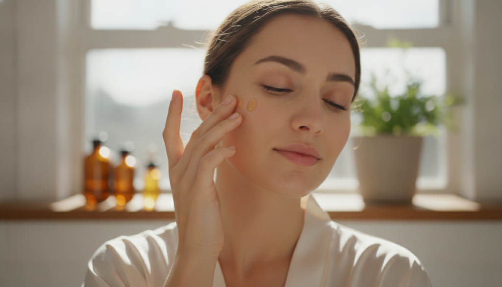 A woman gently patting a few drops of face oil onto her cheek with a soft radiant glow on her skin in a bright natural l