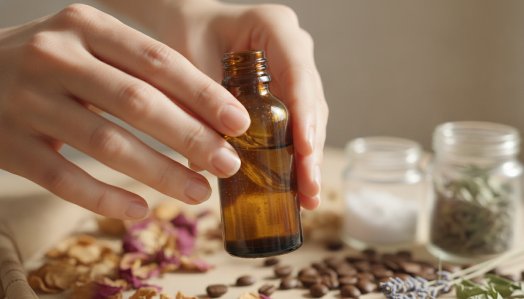 A close-up of hands gently rolling a small glass dropper bottle with a golden oil between palms to mix set against a blu