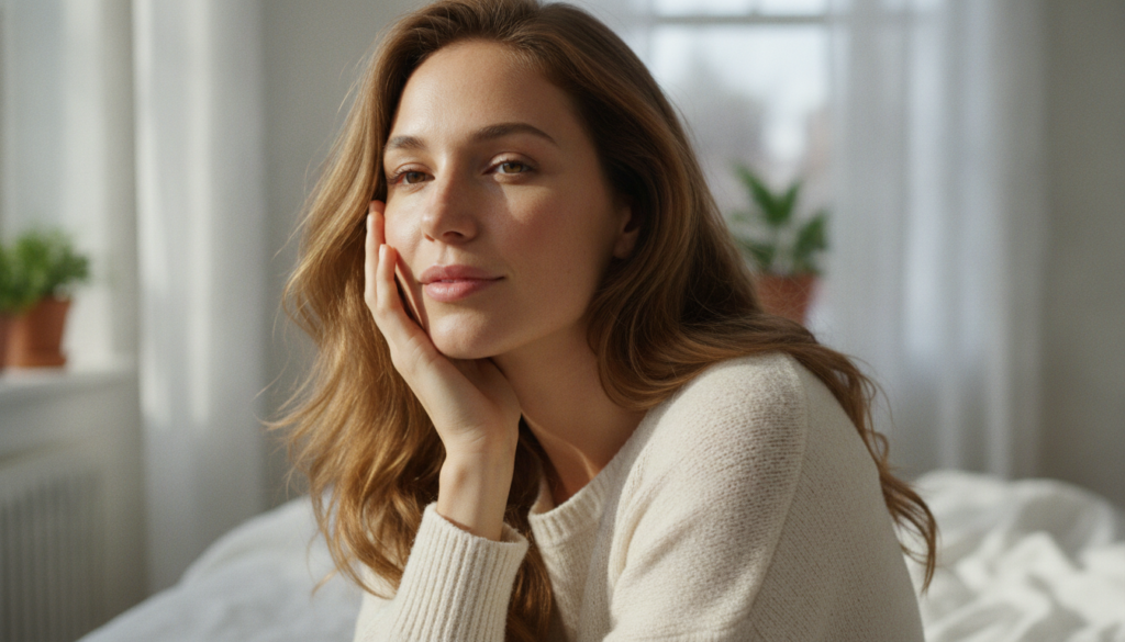 A woman gently touching her radiant soft-looking cheek in the morning with a healthy glow possibly after using the balm 