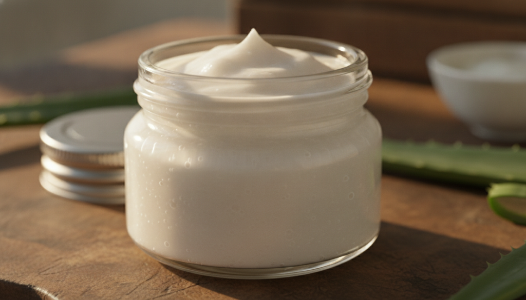 A small clean airtight glass jar filled with the freshly mixed white Aloe Vaseline and baking soda balm with a soft crea