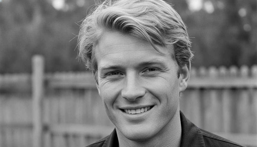 Black and white headshot of a smiling Robert Redford from his younger years looking confident