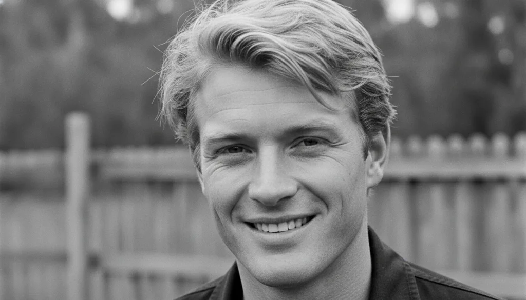 Black and white headshot of a smiling Robert Redford from his younger years looking confident