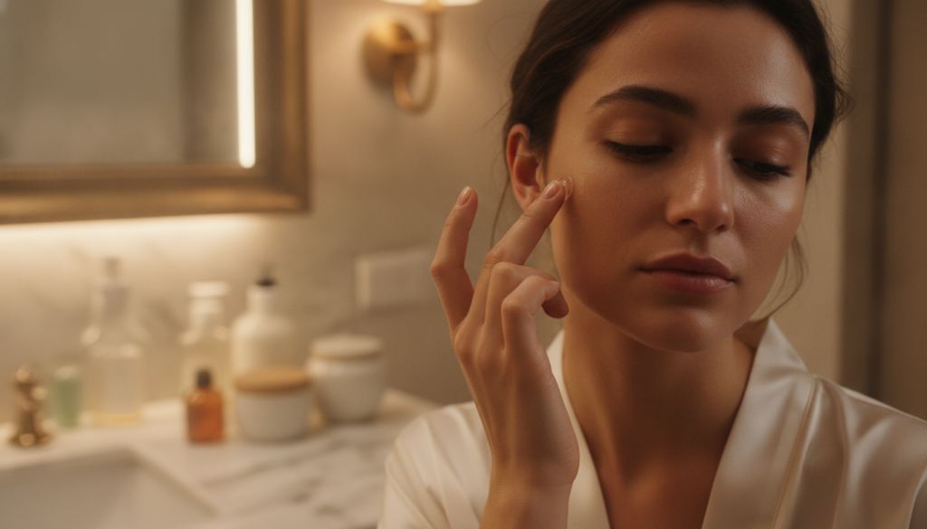 A woman gently applying a small amount of Vaseline to her face as part of her evening skincare routine Her skin looks cl