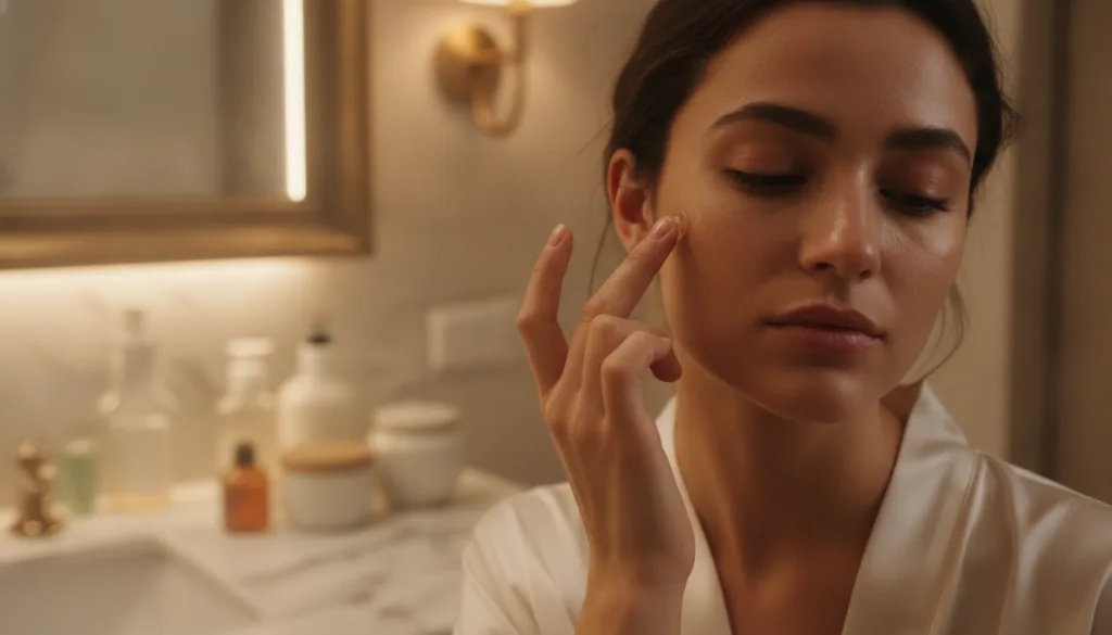A woman gently applying a small amount of Vaseline to her face as part of her evening skincare routine Her skin looks cl