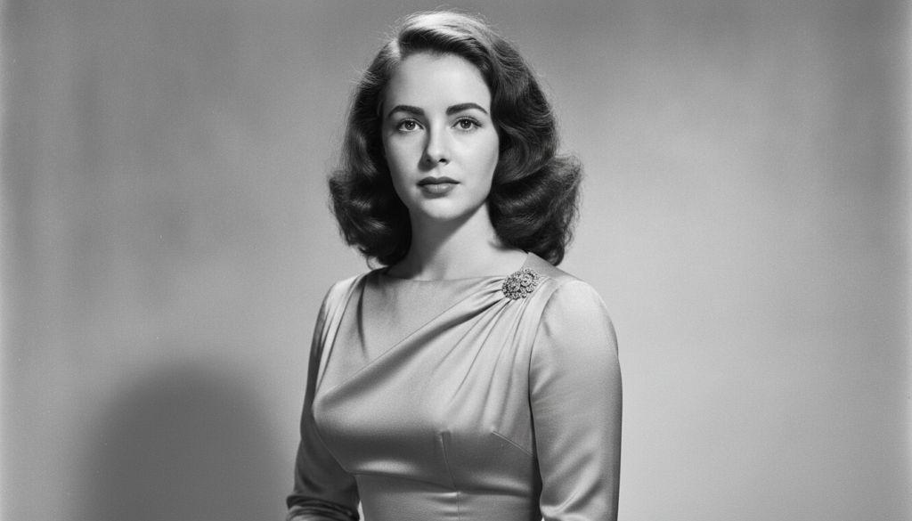 A black and white portrait of a young Elizabeth Taylor looking elegant and captivating directly at the camera