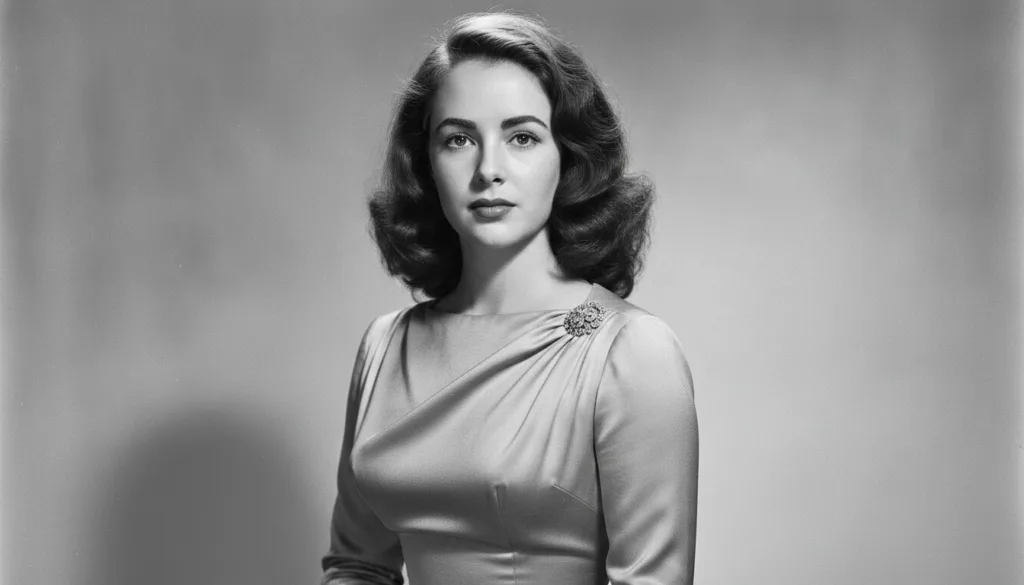 A black and white portrait of a young Elizabeth Taylor looking elegant and captivating directly at the camera
