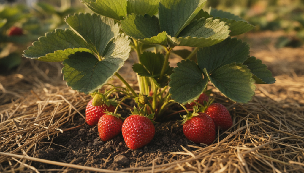 Close-up of a healthy strawberry plant with developing green and red berries well-mulched around the base in a garden be