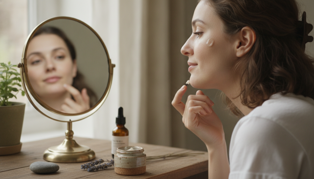 A woman gently applying a small amount of the homemade balm to her cheekbone with her fingertip looking at herself in a 