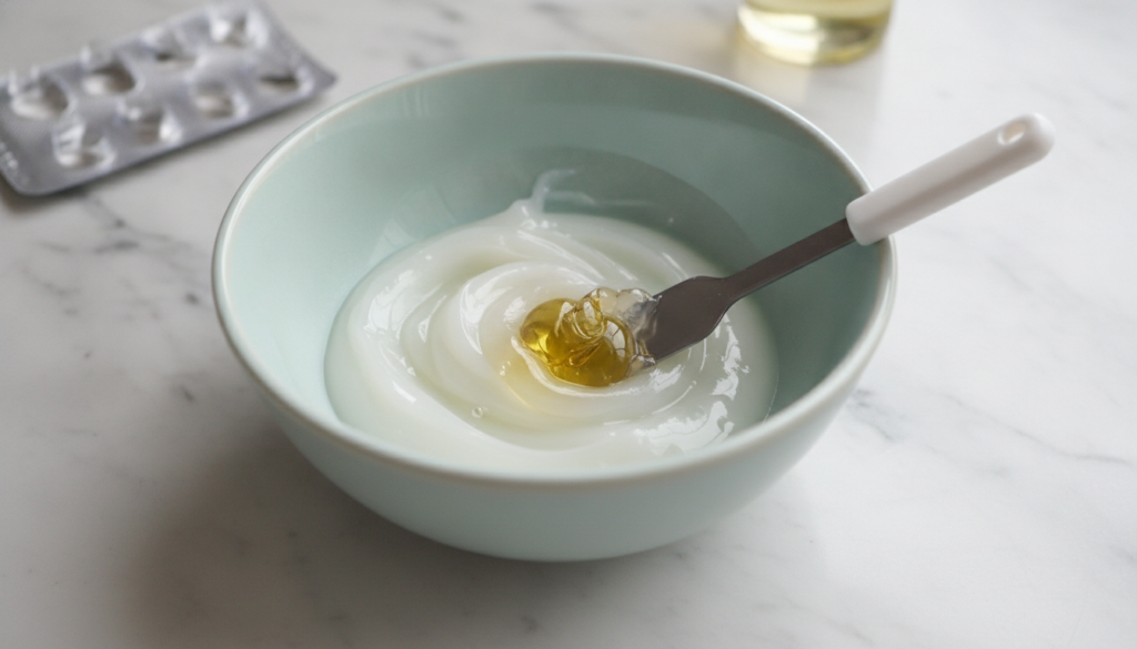 Close-up of a small bowl where petroleum jelly and Vitamin E oil from a capsule are being mixed with a mini spatula unti