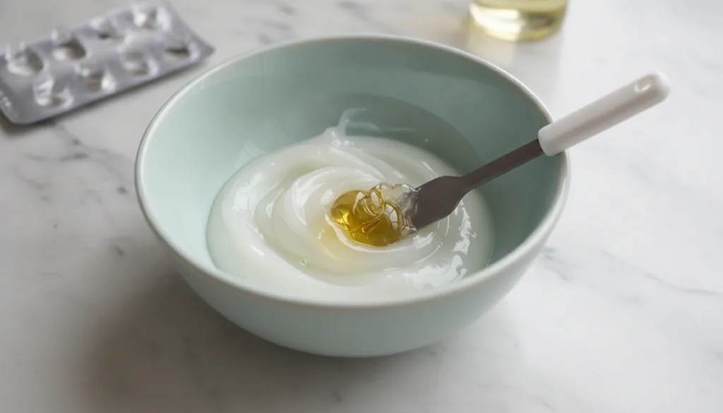 Close-up of a small bowl where petroleum jelly and Vitamin E oil from a capsule are being mixed with a mini spatula unti