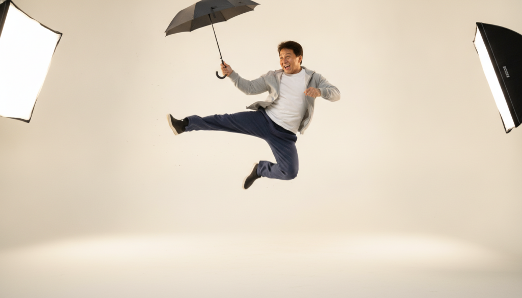 Jackie Chan performing a comedic martial arts move with a prop looking energetic and smiling