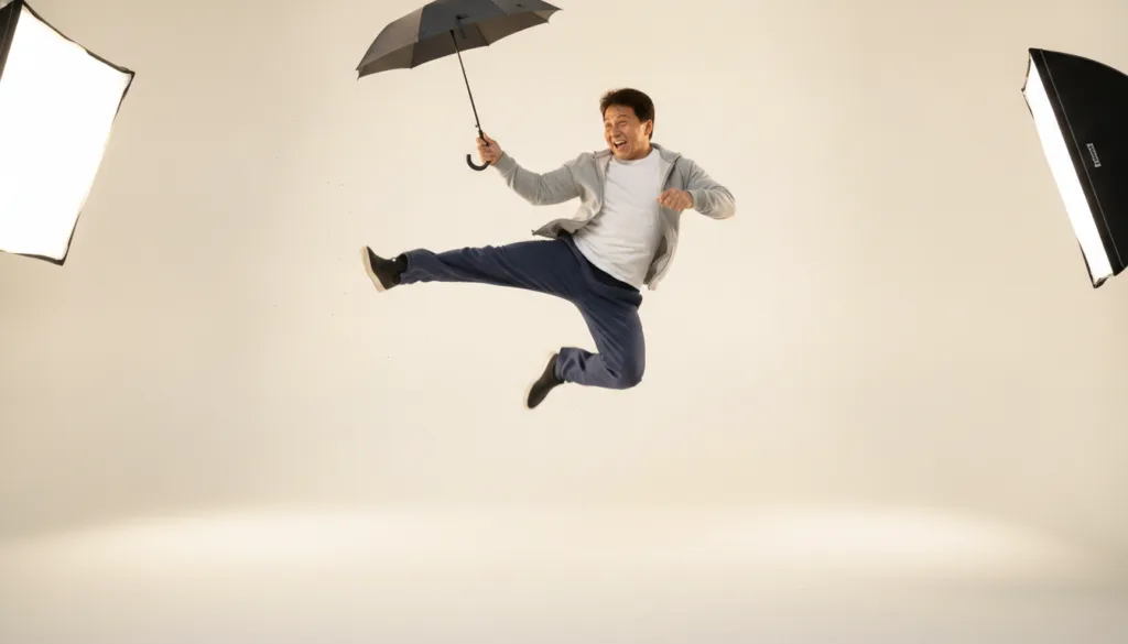 Jackie Chan performing a comedic martial arts move with a prop looking energetic and smiling