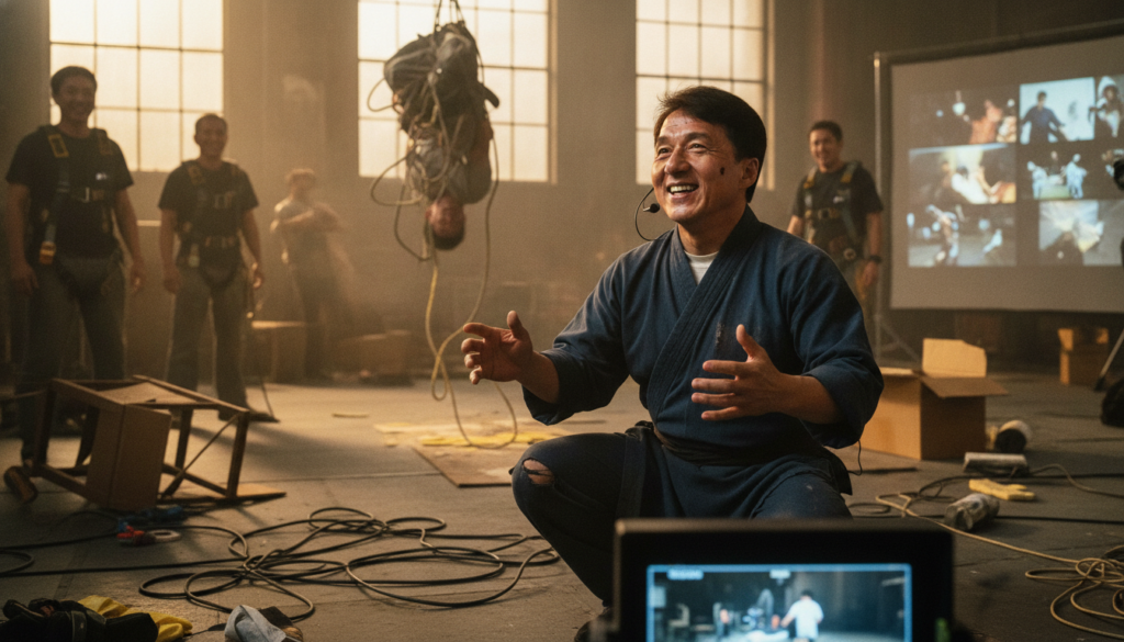 Jackie Chan s iconic outtakes from a movie showing him laughing at a botched stunt with a blooper reel aesthetic