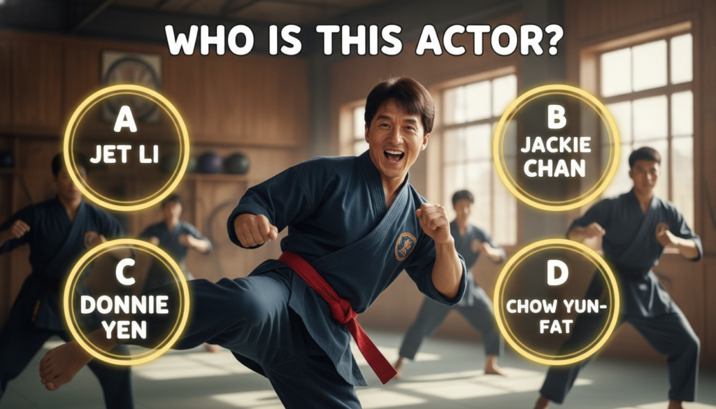 A multiple-choice quiz image featuring a close-up photo of Jackie Chan with the question Who is this actor and four opti