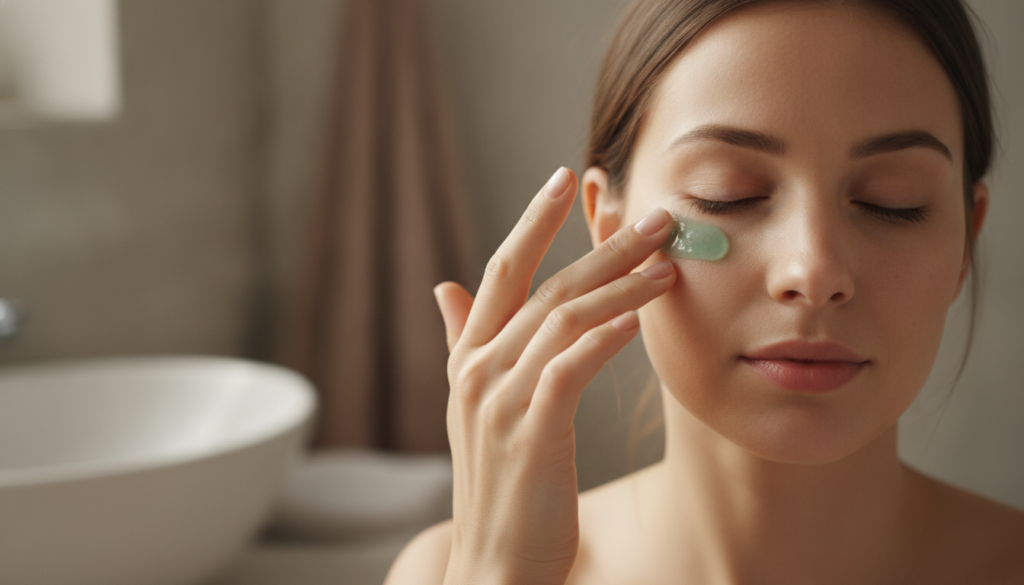 A person applying a small amount of the mixed green capsule and Vaseline balm onto their cheek or under-eye area