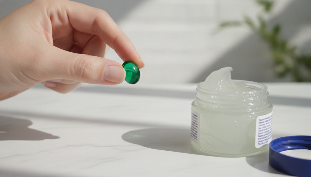 A person s hand holding a green beauty capsule and a small container of Vaseline showing the two main ingredients