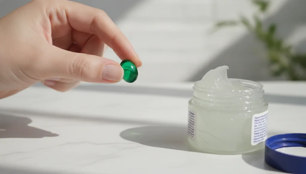 A person s hand holding a green beauty capsule and a small container of Vaseline showing the two main ingredients