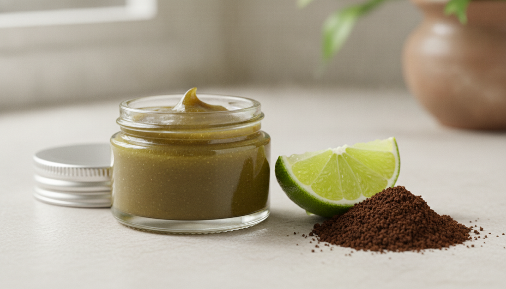 A small clean jar filled with the prepared Vaseline coffee and lime glow balm next to the ingredients