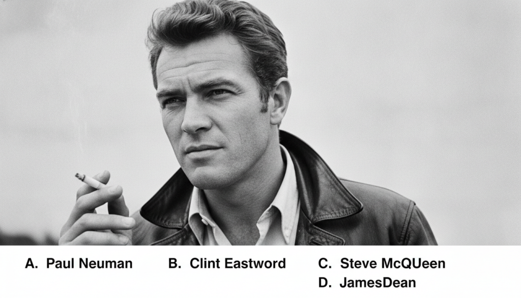 A black and white portrait of Steve McQueen from a classic Hollywood quiz showing his intense gaze with multiple-choice 