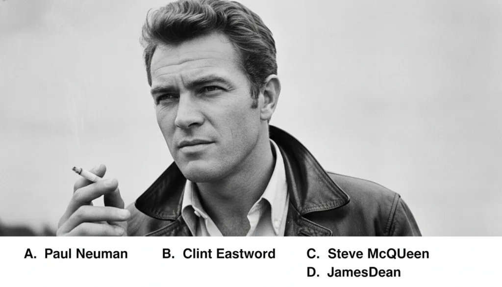 A black and white portrait of Steve McQueen from a classic Hollywood quiz showing his intense gaze with multiple-choice 