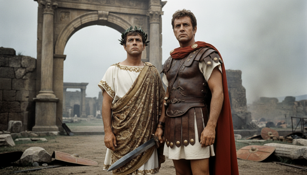 Tony Curtis with Kirk Douglas in a dramatic scene from Spartacus both looking serious and heroic