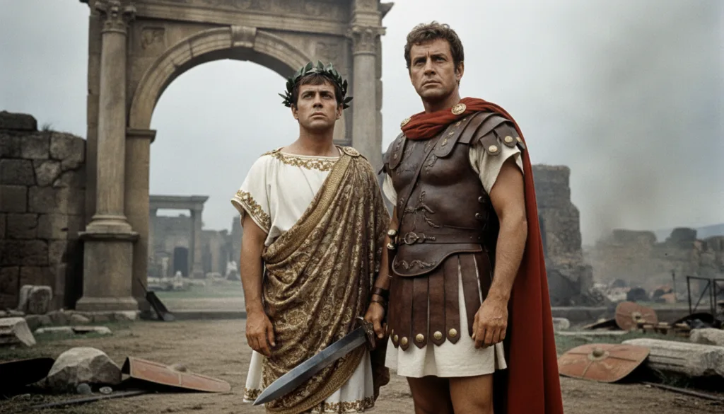 Tony Curtis with Kirk Douglas in a dramatic scene from Spartacus both looking serious and heroic