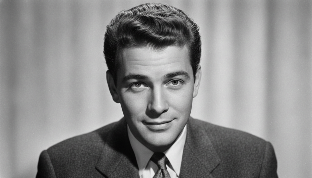 A black and white close-up photo of a young Tony Curtis looking charming and handsome as if from a classic Hollywood hea