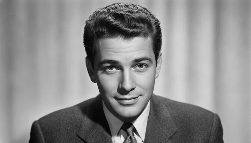A black and white close-up photo of a young Tony Curtis looking charming and handsome as if from a classic Hollywood hea