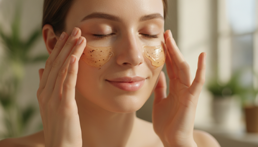 A pair of hands gently applying the translucent rice and clove gel onto clean facial skin showing a smooth glowing textu
