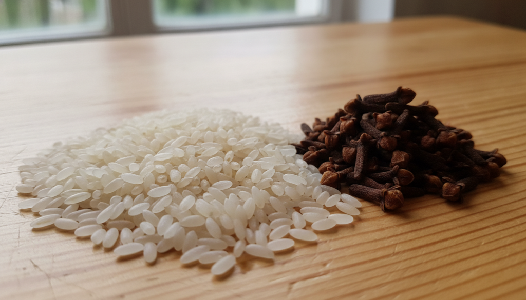 A close-up of dry rice grains and a small pile of whole cloves on a light wooden surface illustrating the raw ingredient