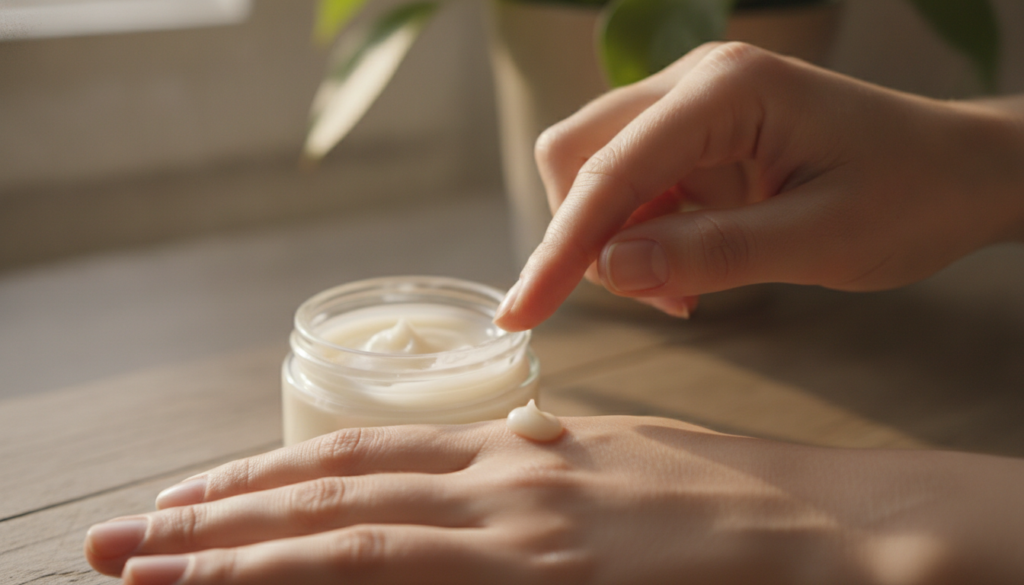 A close-up of a small glass jar filled with the homemade baby oil vaseline clove and rice balm with a hand gently applyi