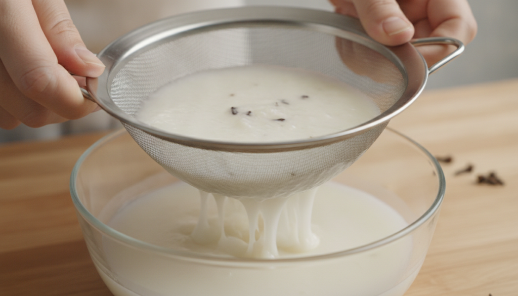 A person s hands gently pressing a creamy white rice and clove mixture through a fine-mesh sieve into a glass bowl illus