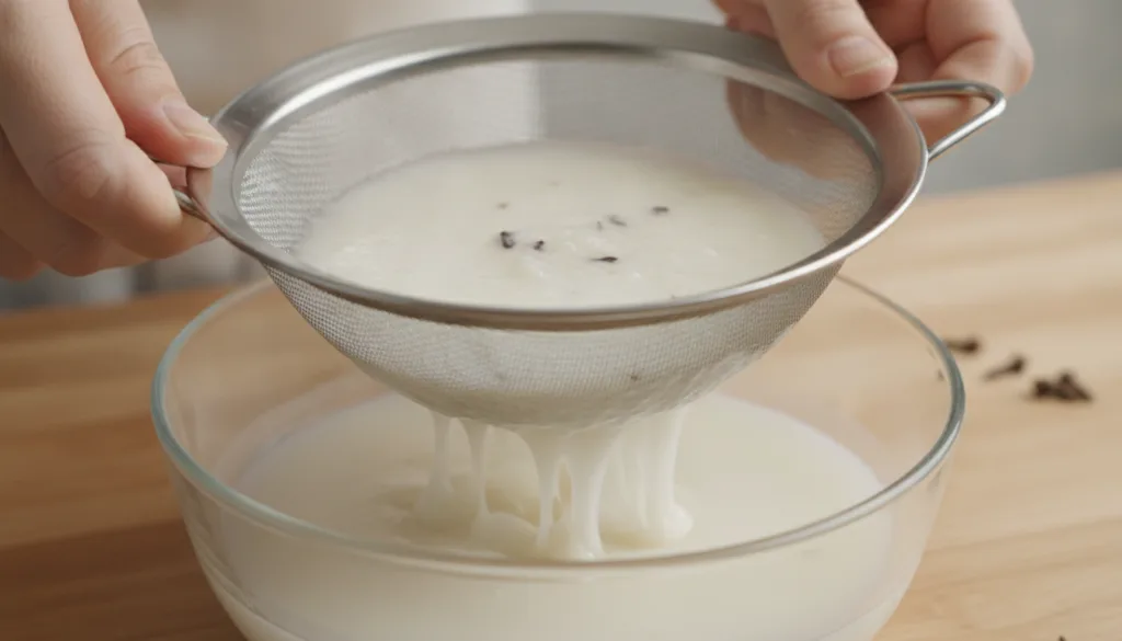 A person s hands gently pressing a creamy white rice and clove mixture through a fine-mesh sieve into a glass bowl illus