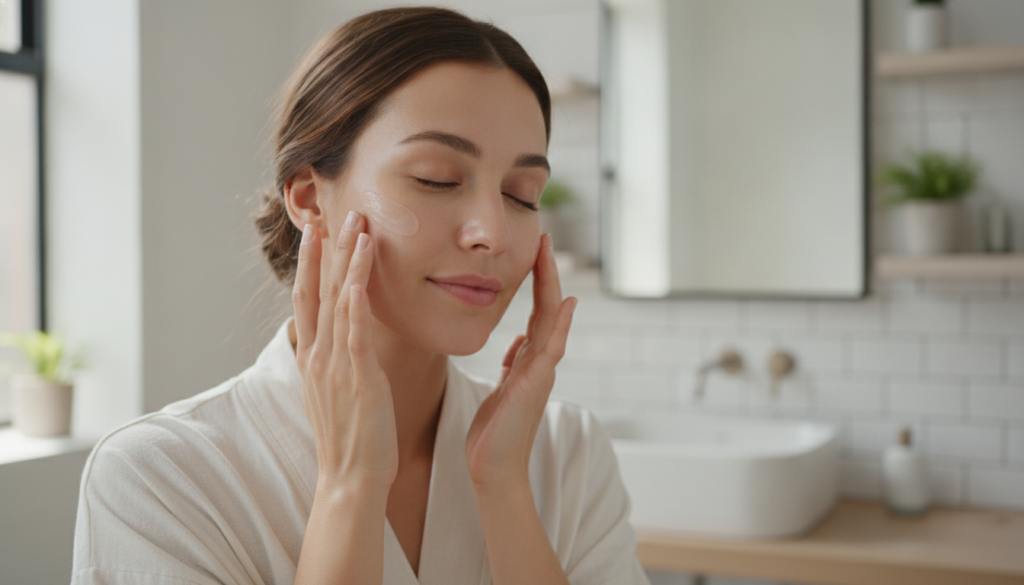 A woman gently applying a white gel to her clean face in a soft natural light showing a serene and thoughtful expression