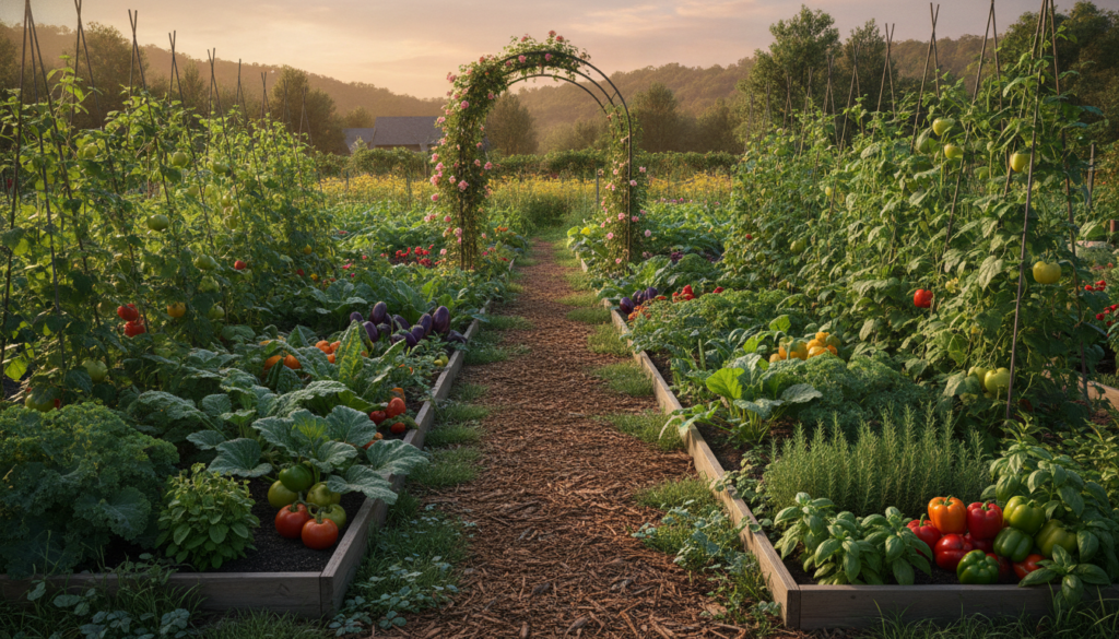 A lush vibrant vegetable garden with healthy plants showing the positive effects of organic fertilization possibly with 