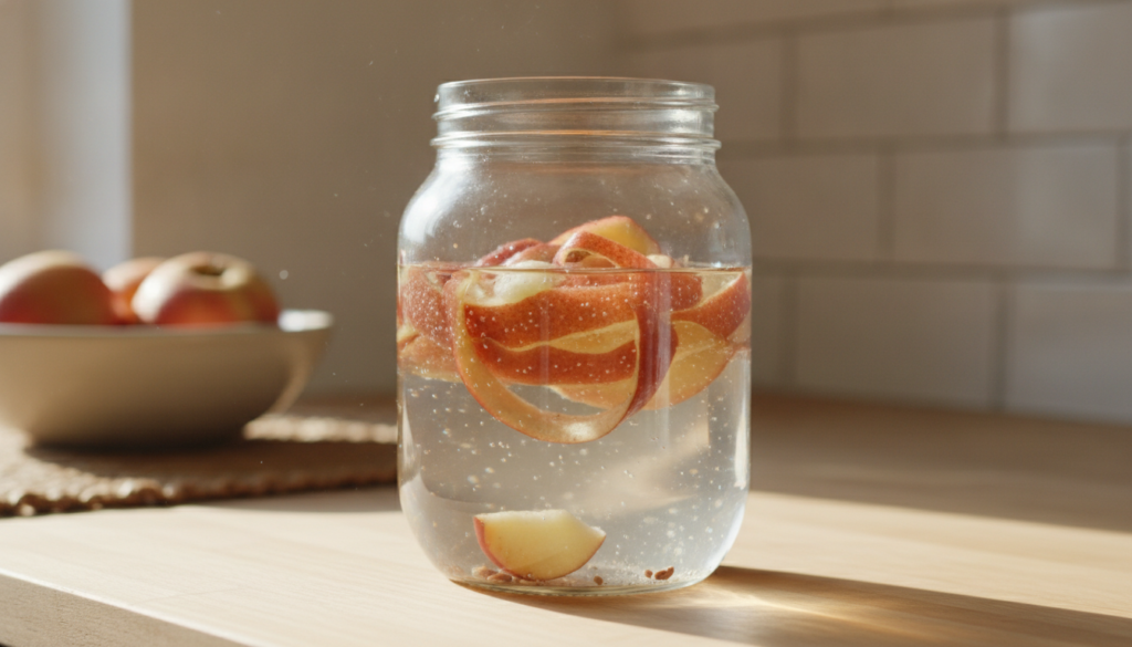 A clear glass jar filled with apple peels submerged in water sitting on a kitchen counter indicating the fermentation pr